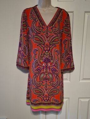 Laundry By Shelli Segal Orange Paisley V-Neck Dress with Purple Accents
